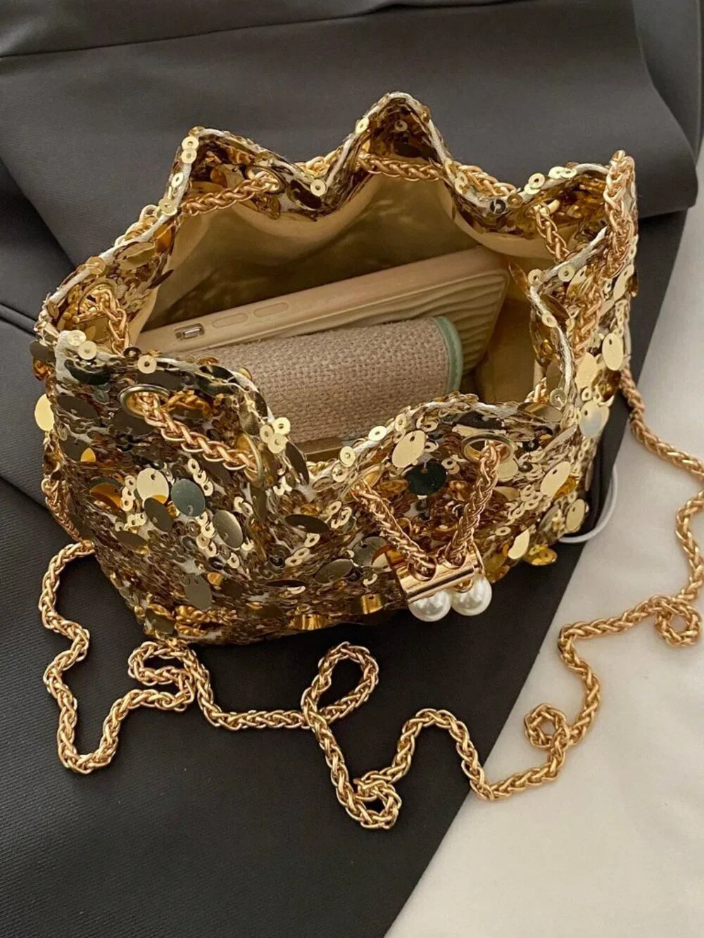 Gold Glamorous Women's Sequin Faux Pearl Decor Bucket Shoulder Crossbody  Bag